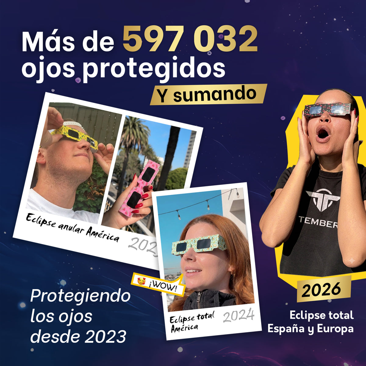Spanish-language Tember solar eclipse glasses information panel 2 of 6