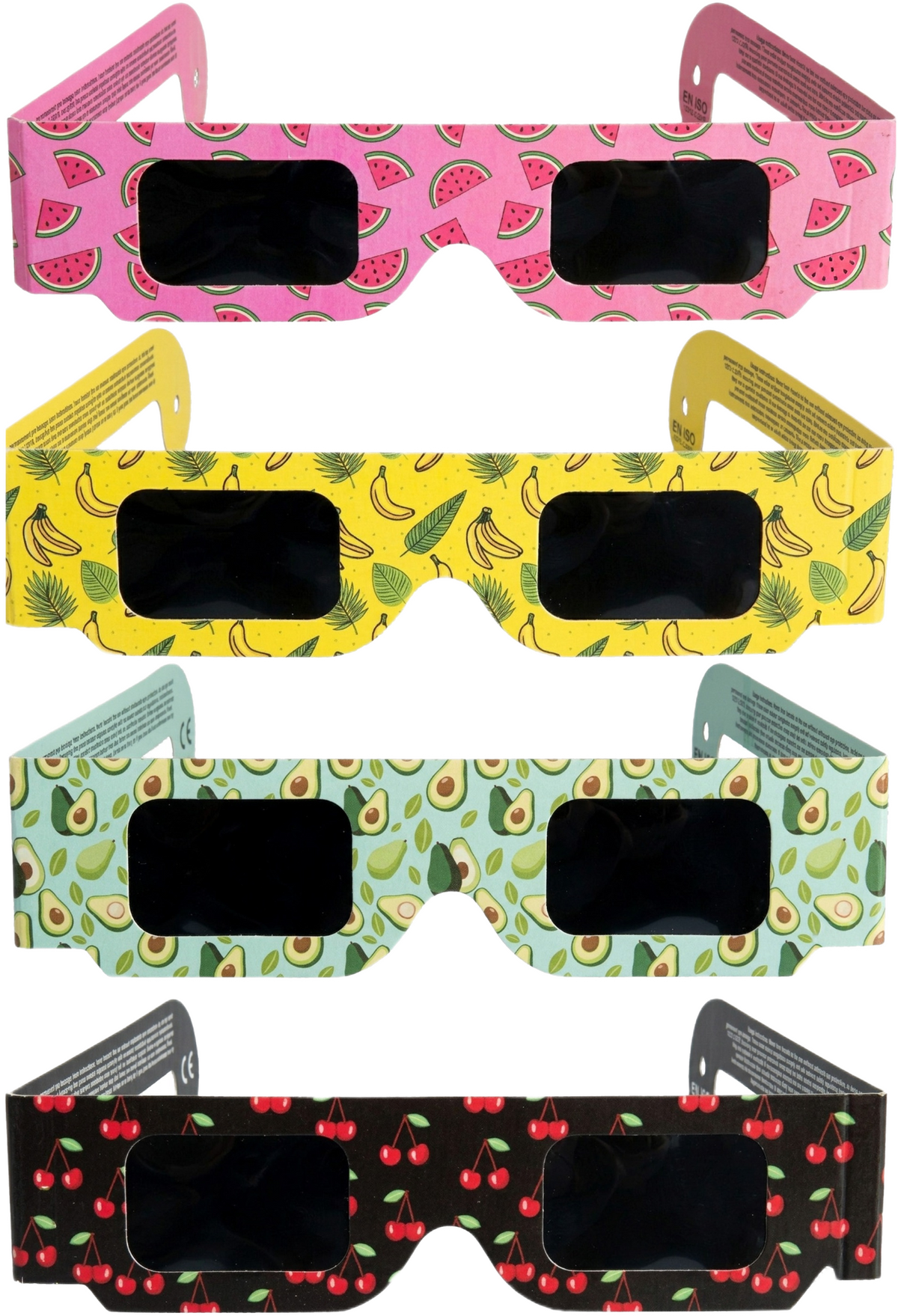 Four Tember colour and fruit-design solar eclipse glasses on a transparent background