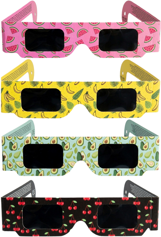 Four Tember colour and fruit-design solar eclipse glasses on a transparent background
